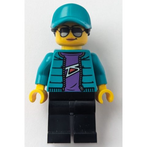 Minifigurka LEGO Woman, Dark Turquoise Jacket and Cap, Black Legs