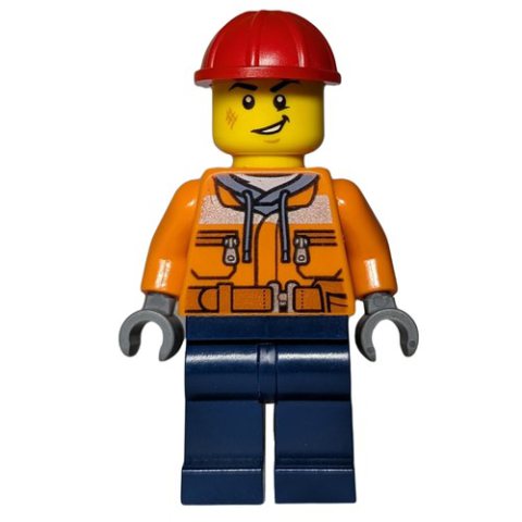Minifigurka LEGO Construction Worker, Orange Safety Jacket, Dark Blue Legs, Red Hard Hat
