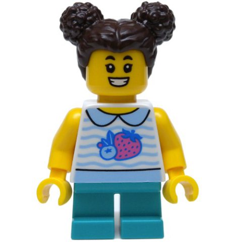 Minifigurka LEGO Girl, White Vest, Short Dark Turquoise Legs, Dark Brown Hair