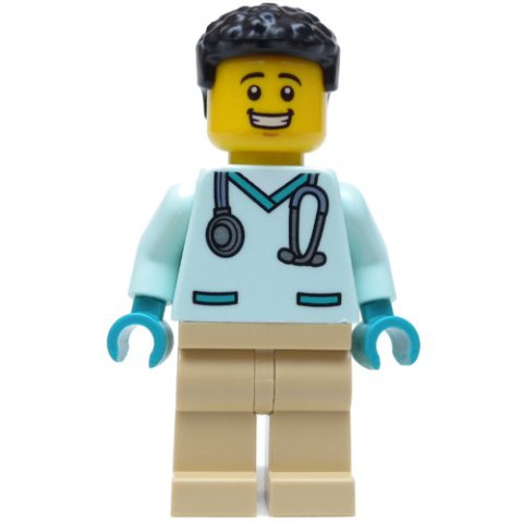 Minifigurka LEGO Vet, Light Aqua Shirt, Tan Legs, Black Hair