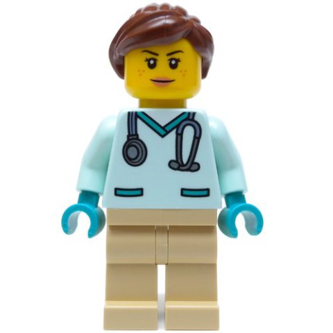Minifigurka LEGO Vet, Light Aqua Shirt, Tan Legs, Reddish Brown Ponytail