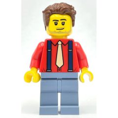 Minifigurka LEGO Tailor - Red Torso, Sand Blue Legs, Reddish Brown Hair