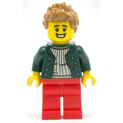 Minifigurka LEGO Pizza Delivery Driver - Dark Green Torso, Red Legs, Medium Nougat Hair