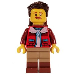 Minifigurka LEGO Red Torso, Dark Tan/Reddish Brown Legs, Dark Brown Hair, Backpack