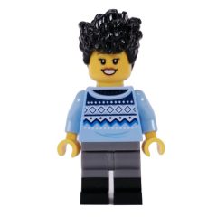 Minifigurka LEGO Bright Light Blue Torso, Dark Bluish Grey/Black Legs, Black Hair