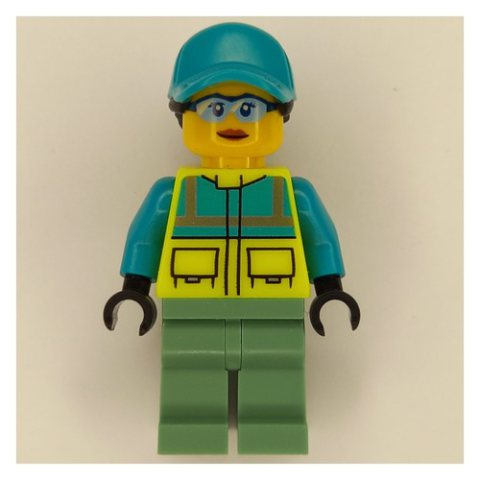 Minifigurka LEGO Paramedic - Vibrant Yellow Torso, Sand Green Legs, Dark Turquoise Cap
