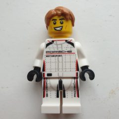 Minifigurka LEGO Race Driver, White Race Suit with 'Porsche'