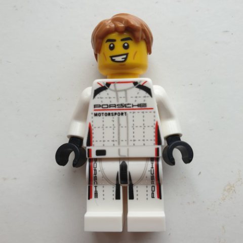 Minifigurka LEGO Race Driver, White Race Suit with 'Porsche'