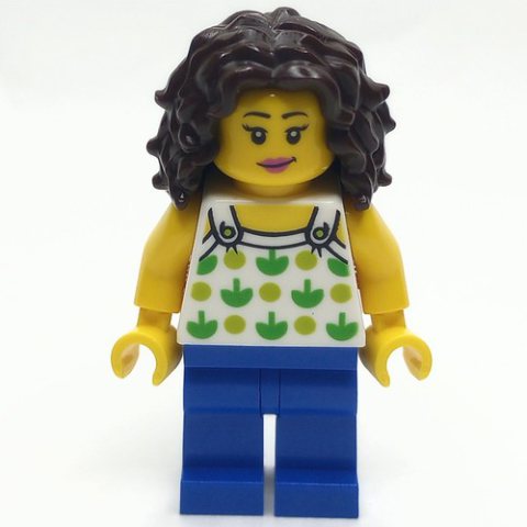 Minifigurka LEGO White Torso, Apples, Blue Legs, Dark Brown Hair