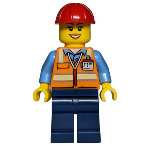Minifigurka LEGO Construction Worker - Orange Torso, Dark Blue Legs, Red Helmet, Female