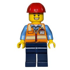 Minifigurka LEGO Construction Worker - Orange Torso, Dark Blue Legs, Red Helmet, Grin