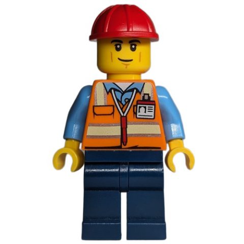 Minifigurka LEGO Construction Worker - Orange Torso, Dark Blue Legs, Red Helmet, Smirk