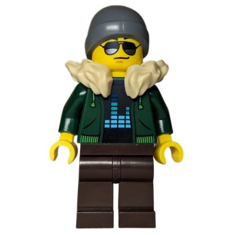 Minifigurka LEGO Dark Green Torso, Dark Brown Legs, Tan Collar, Dark Bluish Grey Beanie