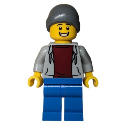 Minifigurka LEGO Light Bluish Grey Torso, Blue Legs, Dark Bluish Grey Beanie