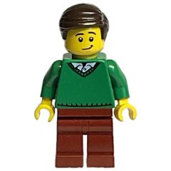 Minifigurka LEGO Green Torso, Reddish Brown Legs, Dark Brown Hair