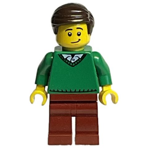 Minifigurka LEGO Green Torso, Reddish Brown Legs, Dark Brown Hair