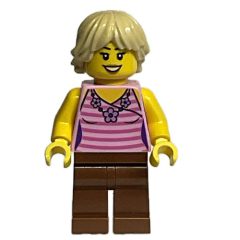 Minifigurka LEGO Bright Pink Torso, Dark Red Legs, Tan Hair