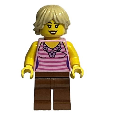 Minifigurka LEGO Bright Pink Torso, Dark Red Legs, Tan Hair