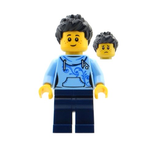 Minifigurka LEGO Bright Light Blue Torso, Dark Blue Legs, Black Hair