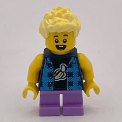 Minifigurka LEGO Boy, Dark Blue Banana Shirt, Short Medium Lavender Legs