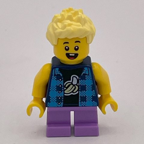 Minifigurka LEGO Boy, Dark Blue Banana Shirt, Short Medium Lavender Legs