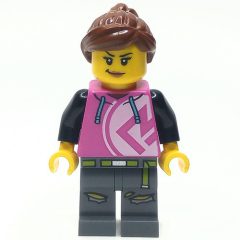 Minifigurka LEGO Woman, Dark Pink Hoodie, Dark Bluish Gray Legs