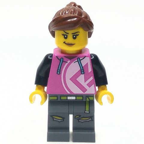 Minifigurka LEGO Woman, Dark Pink Hoodie, Dark Bluish Gray Legs