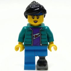 Minifigurka LEGO Woman, Dark Turquoise Jacket, Prosthetic Leg