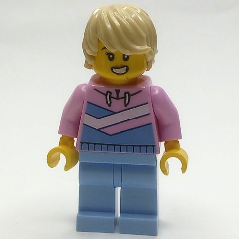 Minifigurka LEGO Woman, Bright Pink Hoodie, Bright Light Blue Legs