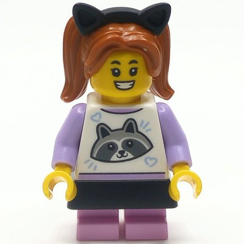 Minifigurka LEGO Girl, Raccoon Shirt, Bright Pink Legs, Black Skirt and Cat Ears
