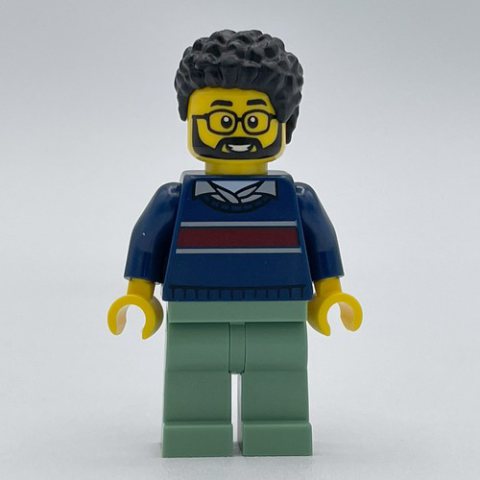 Minifigurka LEGO Man, Dark Blue Sweater, Sand Green Legs, Beard and Glasses