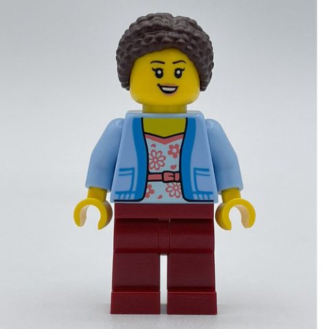 Minifigurka LEGO Woman, Bright Light Blue Cardigan, Dark Red Legs