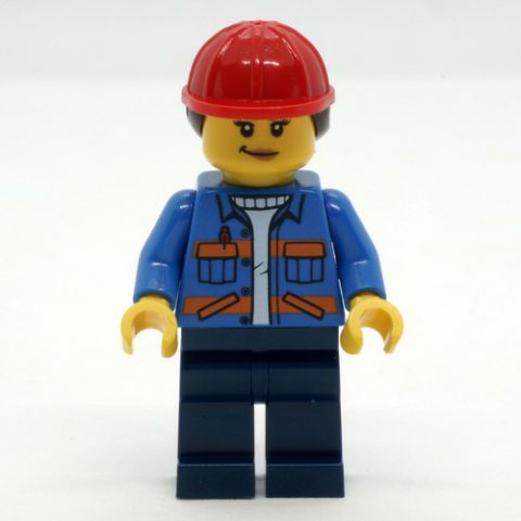 Minifigurka LEGO Construction Worker, Blue Safety Jacket, Dark Blue Legs, Red Hard Hat with Hair