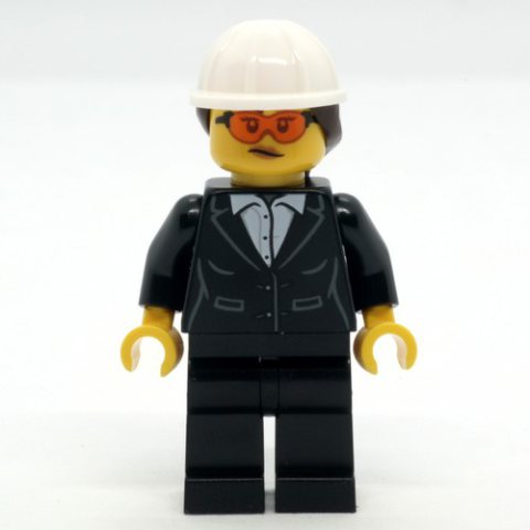 Minifigurka LEGO Construction Site Foreman, Black Suit, White Hard Hat with Hair