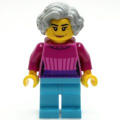 Minifigurka LEGO Woman, Dark Pink Top, Medium Azure Legs, Light Bluish Gray Hair