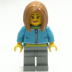 Minifigurka LEGO Woman, Medium Azure Torso, Flat Silver Legs, Medium Nougat Hair