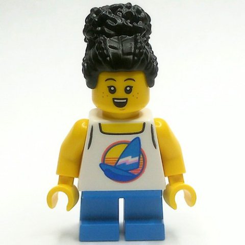 Minifigurka LEGO Girl, White Vest Top, Short Dark Azure Legs, Black Hair