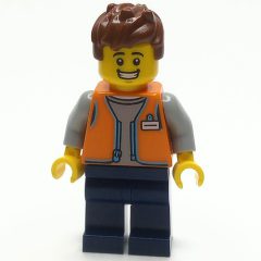 Minifigurka LEGO Shopkeeper, Orange Vest, Dark Blue Legs, Reddish Brown Hair