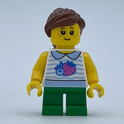 Minifigurka LEGO Girl, White Vest Top, Short Green Legs, Reddish Brown Hair