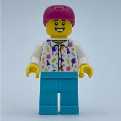 Minifigurka LEGO Man, White Shirt with Balloons, Medium Azure Legs, Magenta Helmet