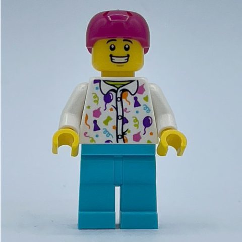Minifigurka LEGO Man, White Shirt with Balloons, Medium Azure Legs, Magenta Helmet