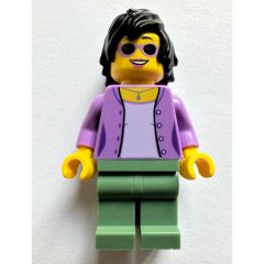 Minifigurka LEGO Medium Lavender Torso, Sand Green Legs, Black Hair, Sunglasses