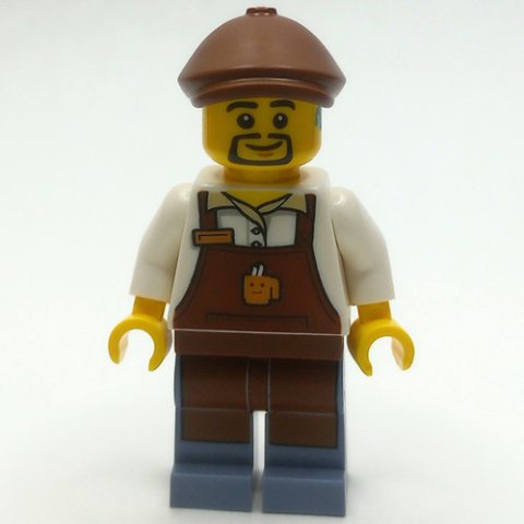 Minifigurka LEGO White Torso, Reddish Brown Apron, Sand Blue Legs, Reddish Brown Cap