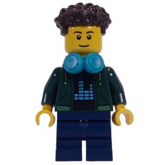 Minifigurka LEGO Dark Green Torso, Dark Blue Medium Legs, Dark Brown Hair, Dark Turquoise Headphones