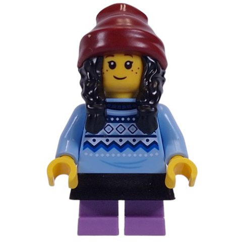 Minifigurka LEGO Kid, Bright Light Blue Torso, Black Dress, Medium Lavender Legs, Dark Red Beanie