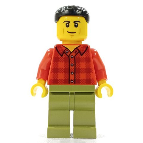 Minifigurka LEGO Man, Red Plaid Shirt, Olive Green Legs