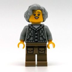Minifigurka LEGO Woman, Light Bluish Gray Cardigan, Dark Tan Legs, Light Bluish Gray Hair