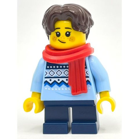 Minifigurka LEGO Child, Bright Light Blue Sweater, Short Dark Blue Legs, Red Scarf, Dark Brown Hair