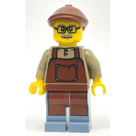 Minifigurka LEGO Man, Dark Tan Shirt with Reddish Brown Apron, Glasses and Moustache, Reddish Brown Hat