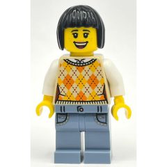 Minifigurka LEGO Woman, Tan Sweater Vest, Sand Blue Legs, Black Hair